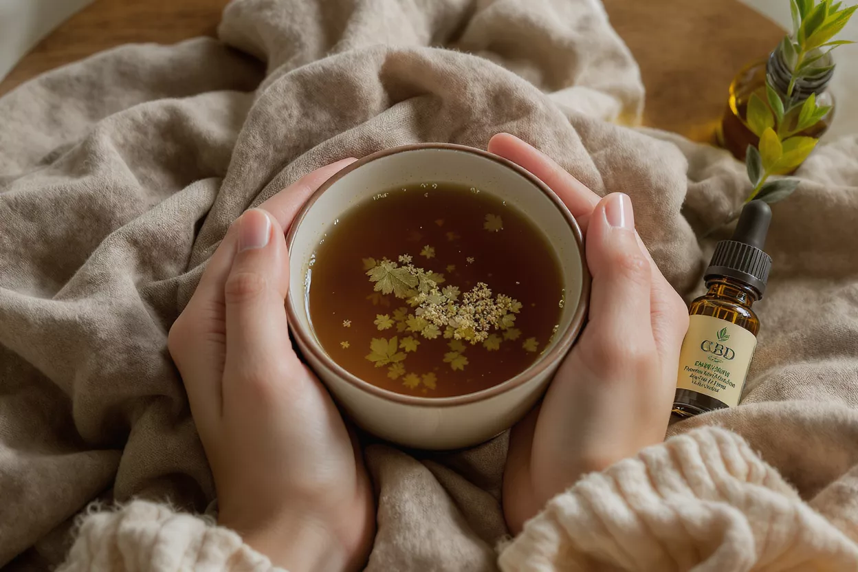 Hands holding a cup of tea with floating herbs, next to a CBD oil bottle.