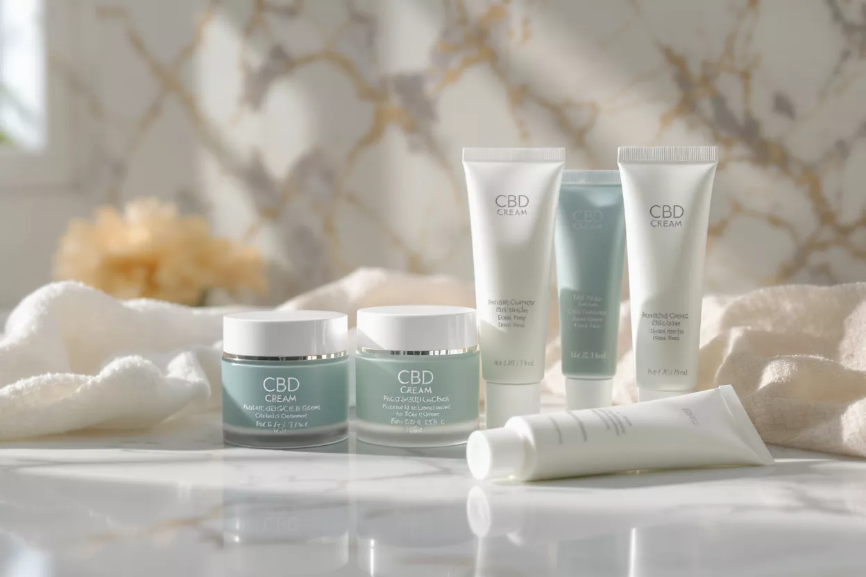 Various CBD cream skincare products on a white marble surface with a towel.