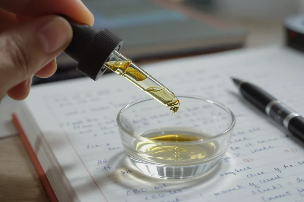Hand holding a dropper dispensing golden CBD oil into a small glass dish.