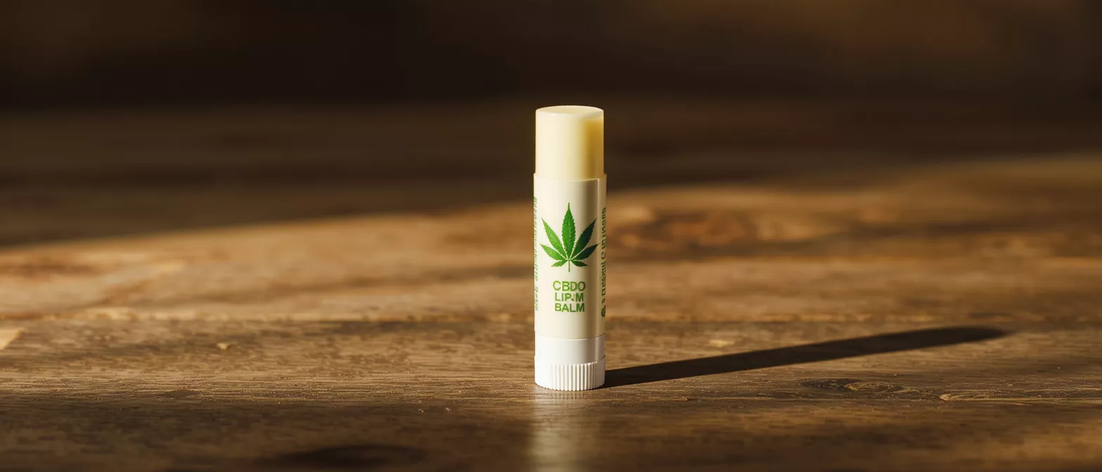 Barra de bálsamo labial CBD con logo de hoja de cannabis sobre una superficie de madera rústica.