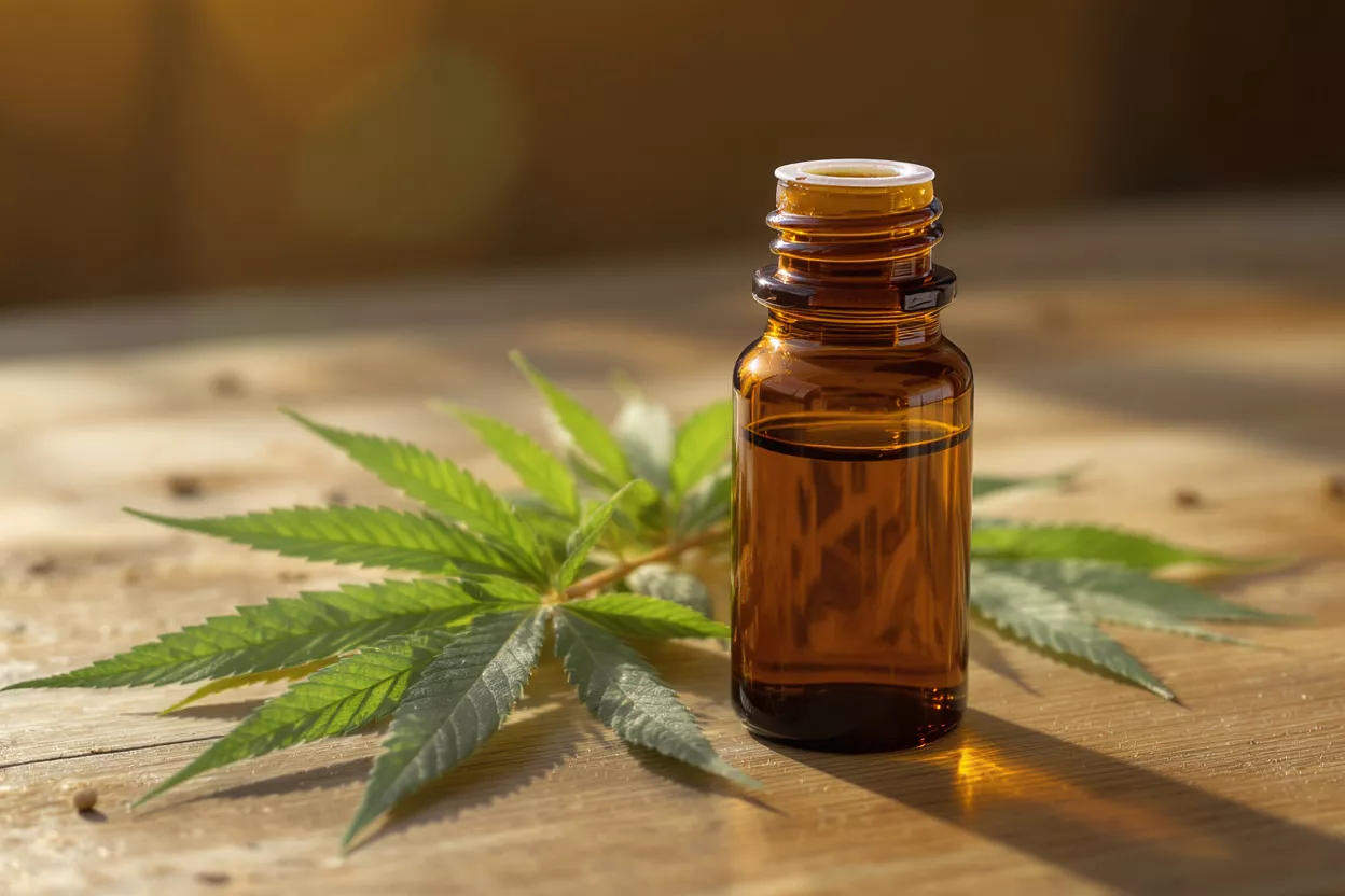 Amber glass bottle of CBD oil next to a green hemp leaf on a wooden surface.