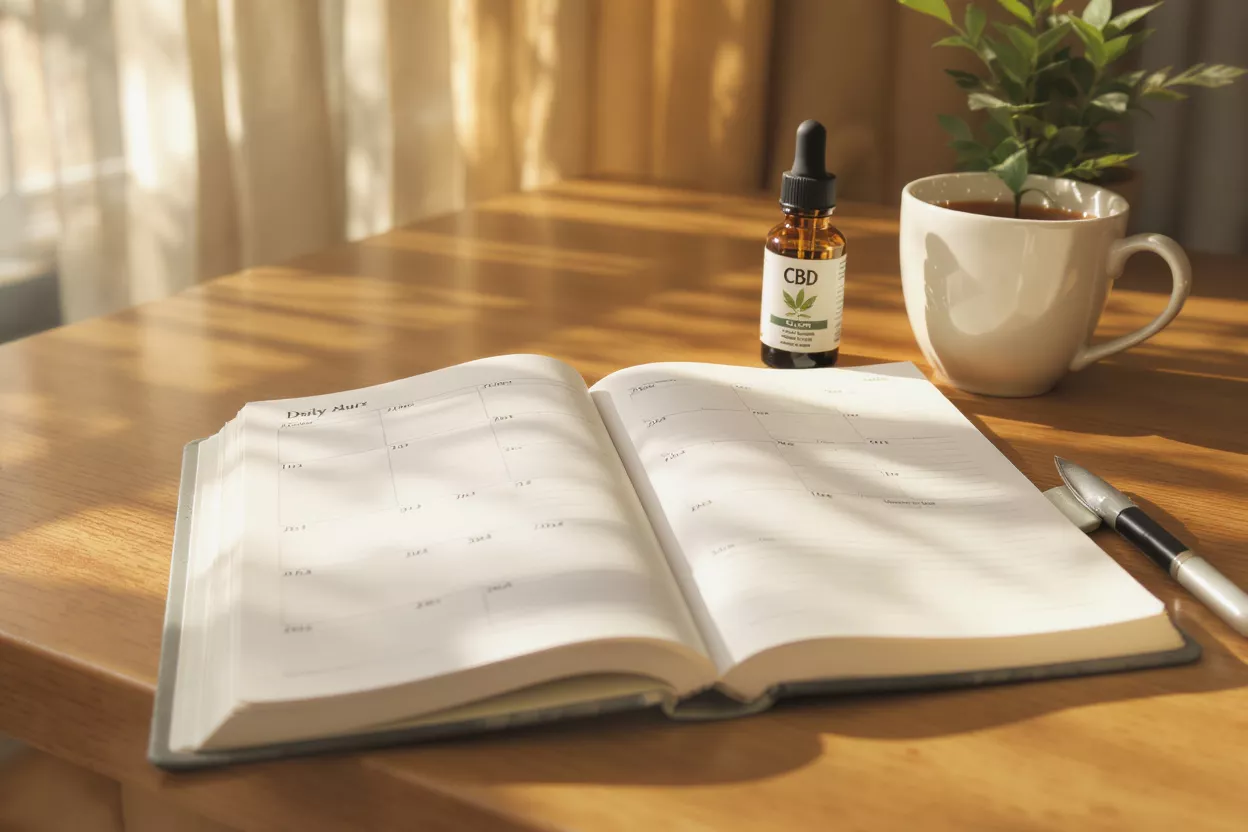 Rutina matutina con aceite de CBD Aceite de CBD, agenda abierta, café y bolígrafo sobre una mesa de madera iluminada por el sol.