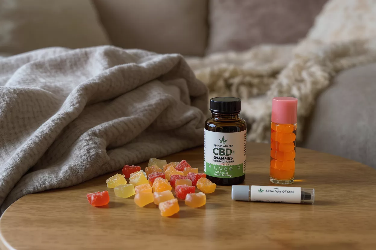 CBD gummies, bottle, and other wellness products on a wooden table.