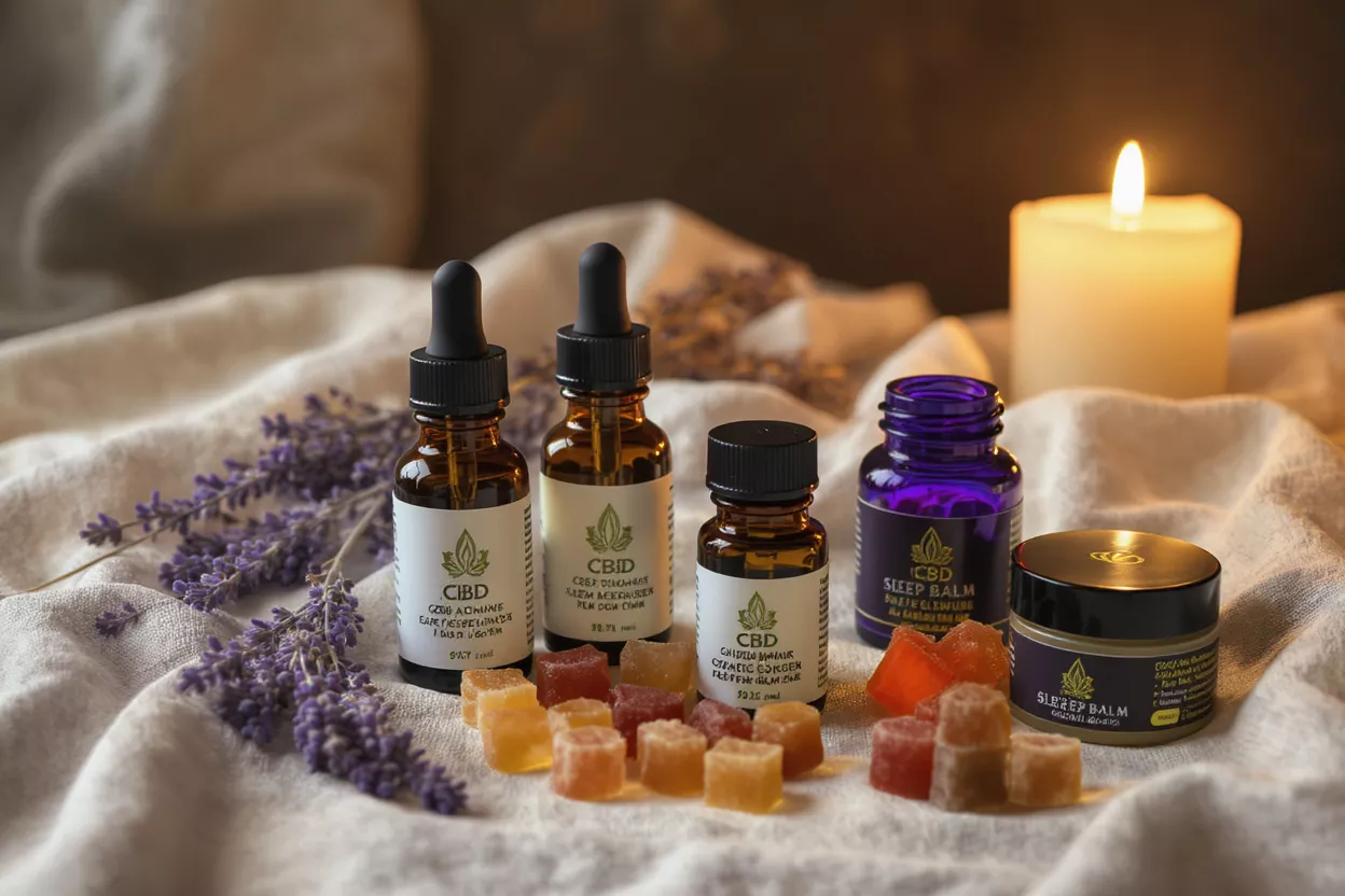 Productos CBD para la relajación Varios productos de CBD que incluyen aceites, gominolas y bálsamo para dormir con lavanda y vela.
