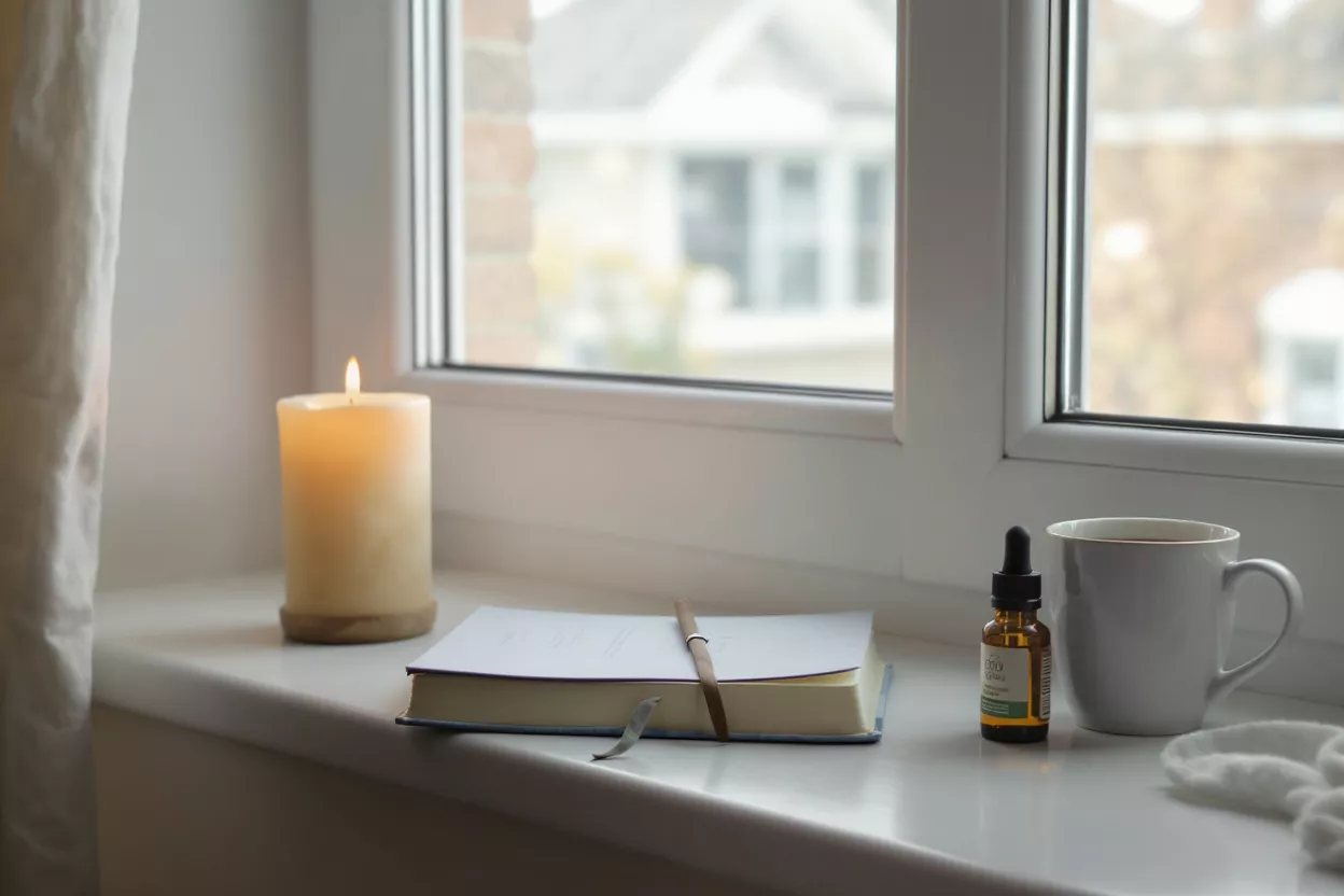 A lit candle, open notebook, essential oil, and coffee mug on a windowsill.