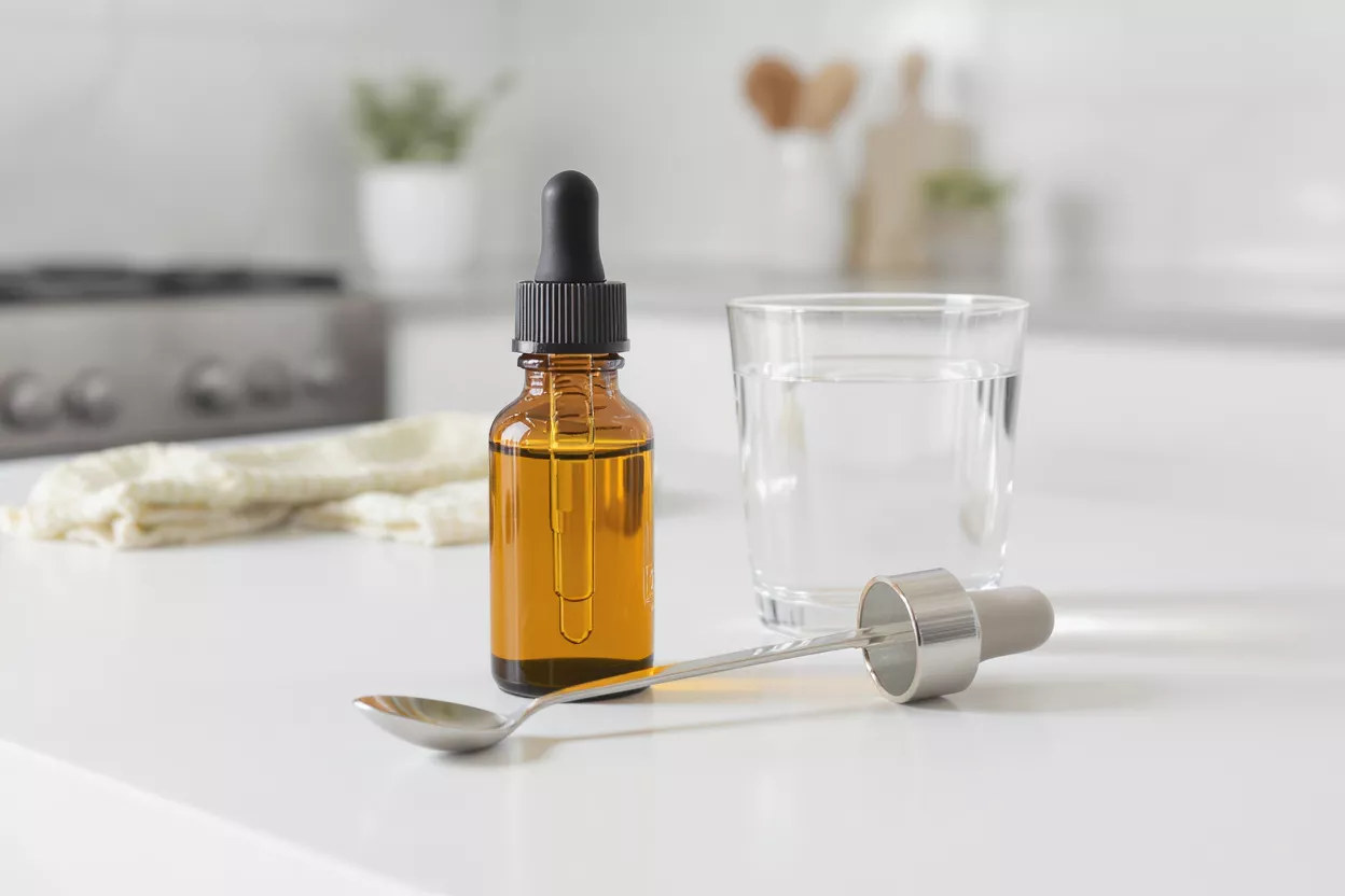 Gotero de aceite de CBD y agua Frasco gotero ámbar, cuchara medidora y vaso de agua sobre una encimera de cocina blanca.