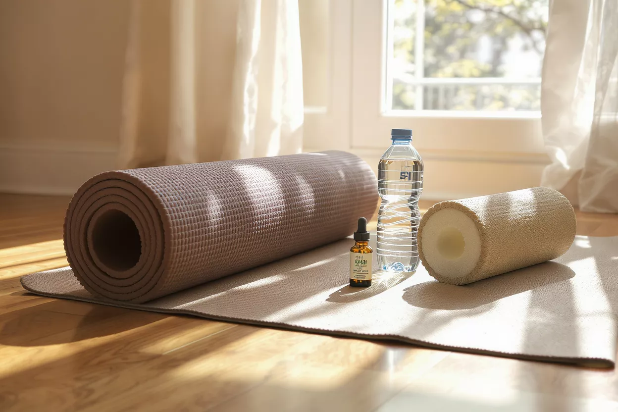 Yoga mat, water bottle, CBD oil, and foam roller on a wooden floor.