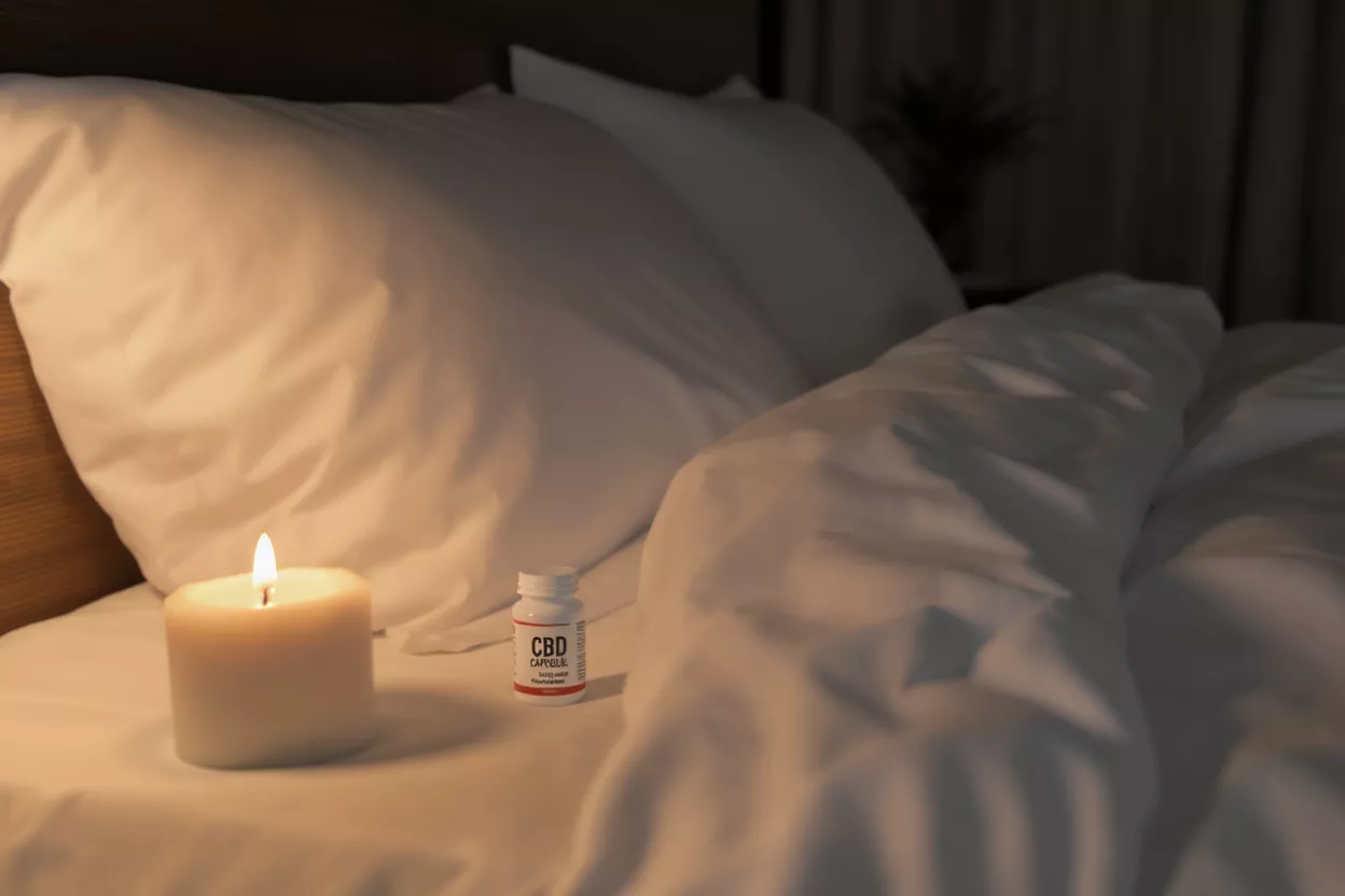 Cápsulas de CBD para dormir Una vela encendida y un frasco de cápsulas de CBD sobre una cama con sábanas blancas.
