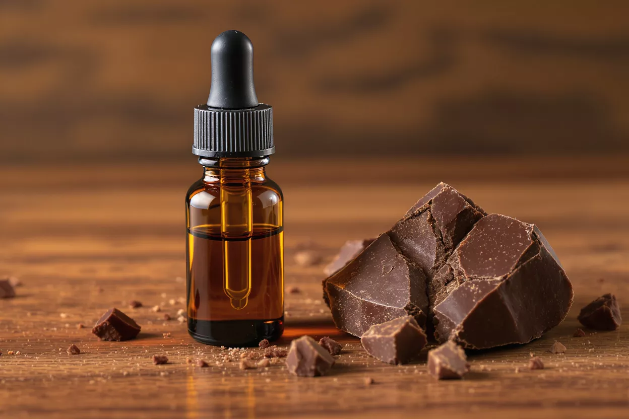 Amber dropper bottle with chocolate extract oil next to cacao chunks on wood.