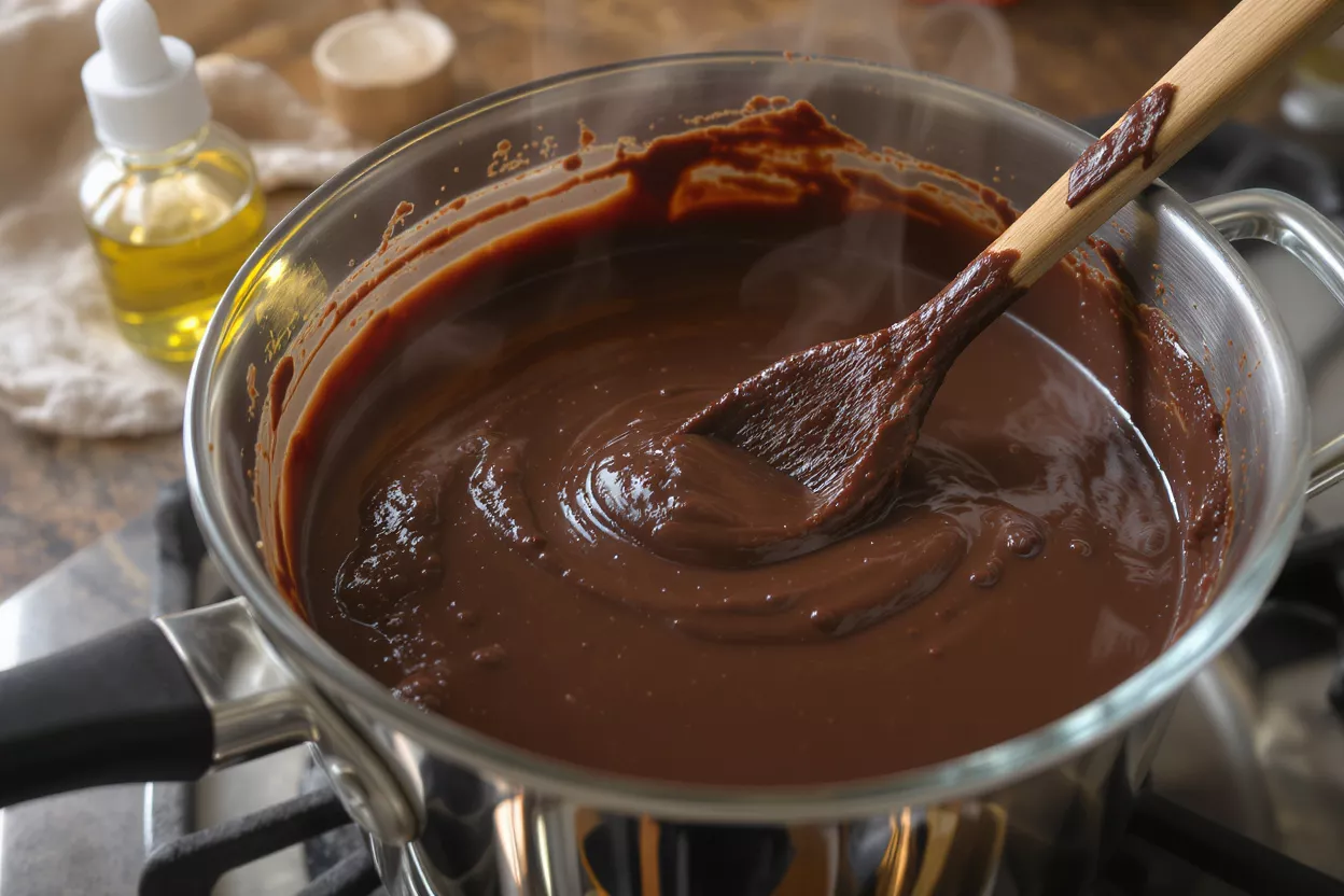 Dark chocolate sauce simmering in a pot with a wooden spoon.