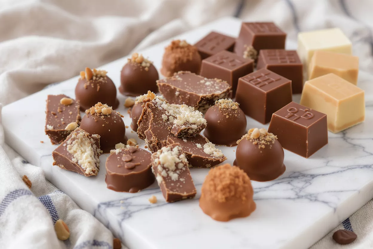 A delightful assortment of chocolate truffles, fudge, and caramels on a marble board.