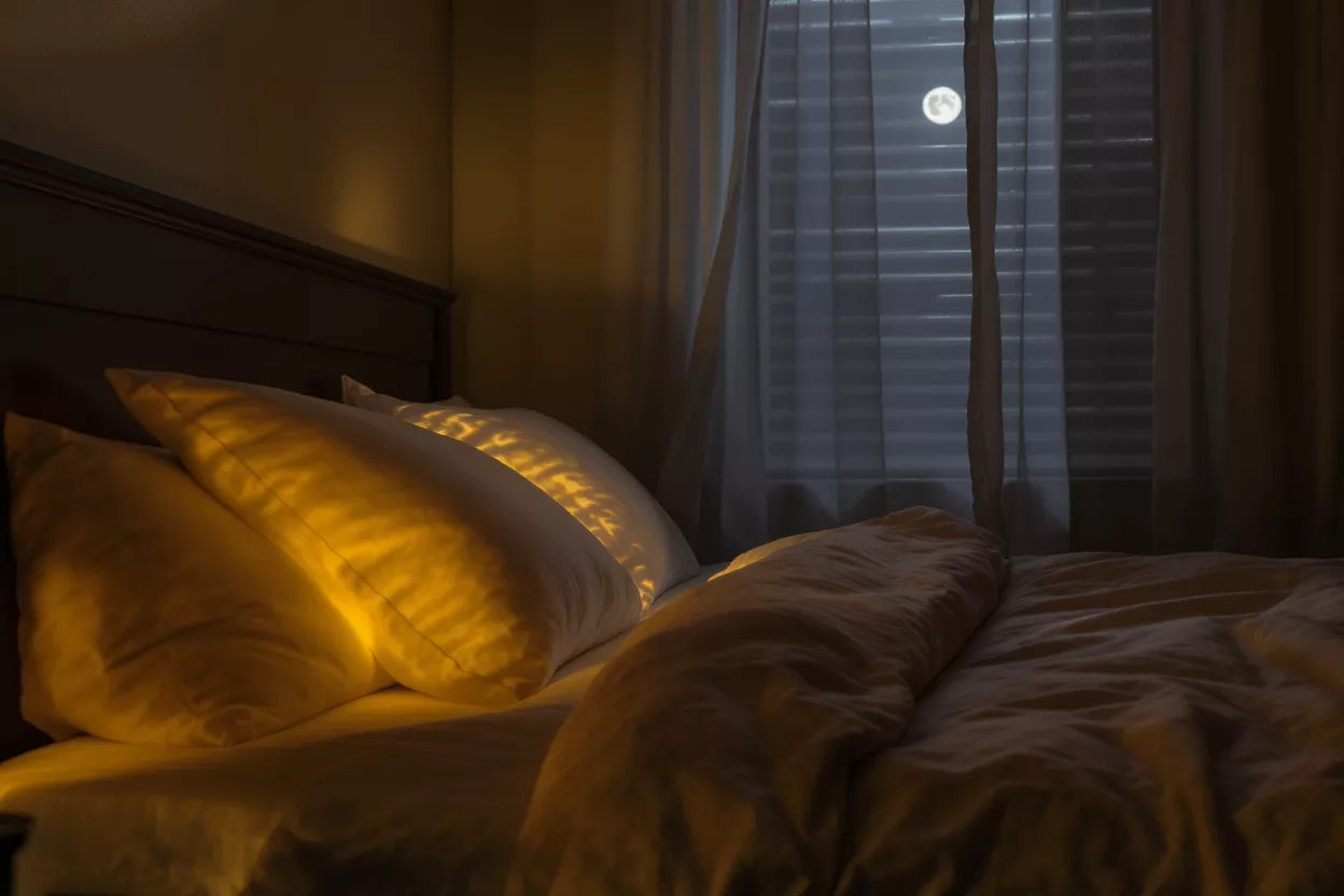 Le clair de lune traverse les stores de la fenêtre et éclaire un lit avec des oreillers et une couette.