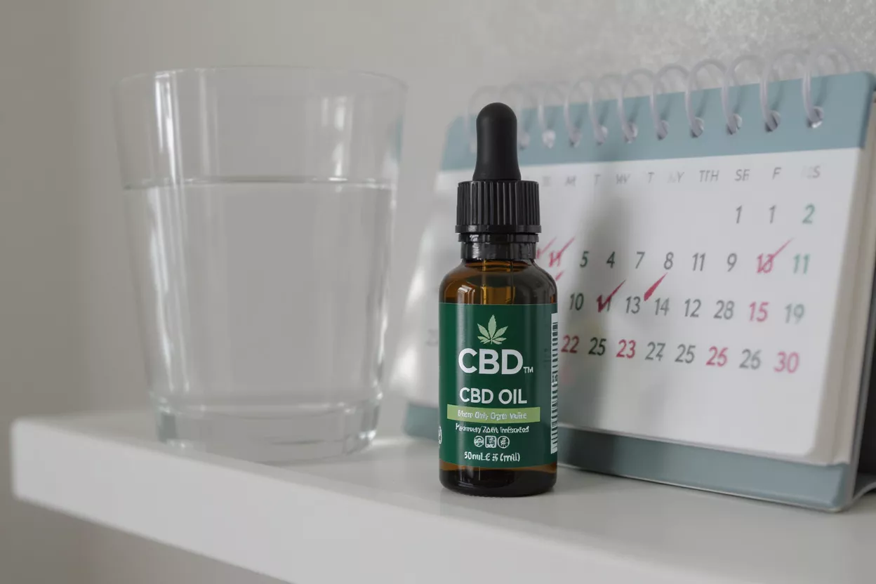Flacon d'huile de CBD, verre d'eau et calendrier avec dates marquées sur une étagère.