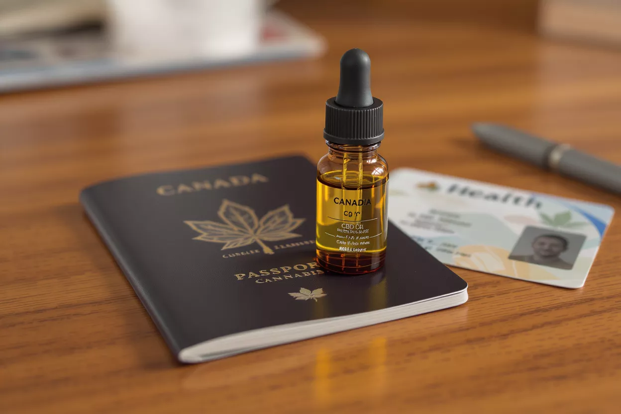 A CBD oil bottle on a Canadian passport next to a health card.