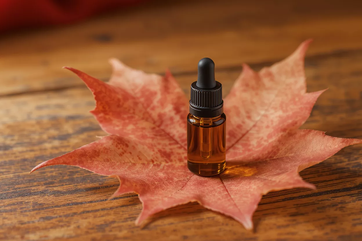 Amber dropper bottle of essential oil on a large red maple leaf.