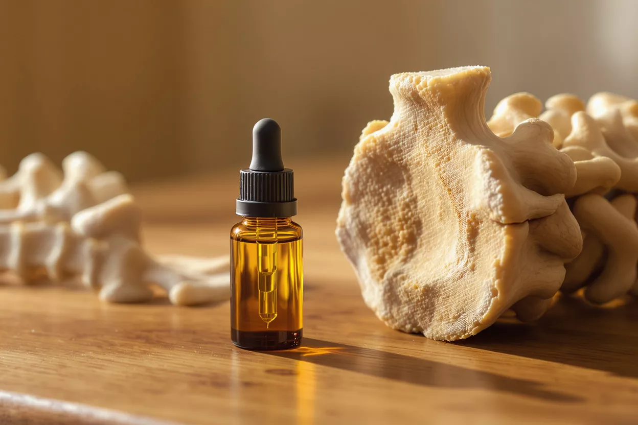 Bone Health Oil with Vertebrae Amber dropper bottle of oil next to a model of human vertebrae on wood.
