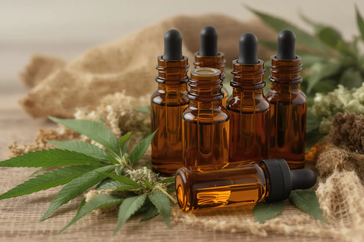 Amber dropper bottles of CBD oil with hemp leaves and dried flowers.