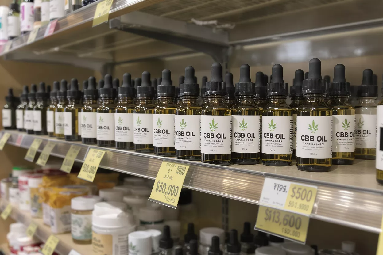 Rows of CBD oil bottles with cannabis leaf labels on a store shelf.