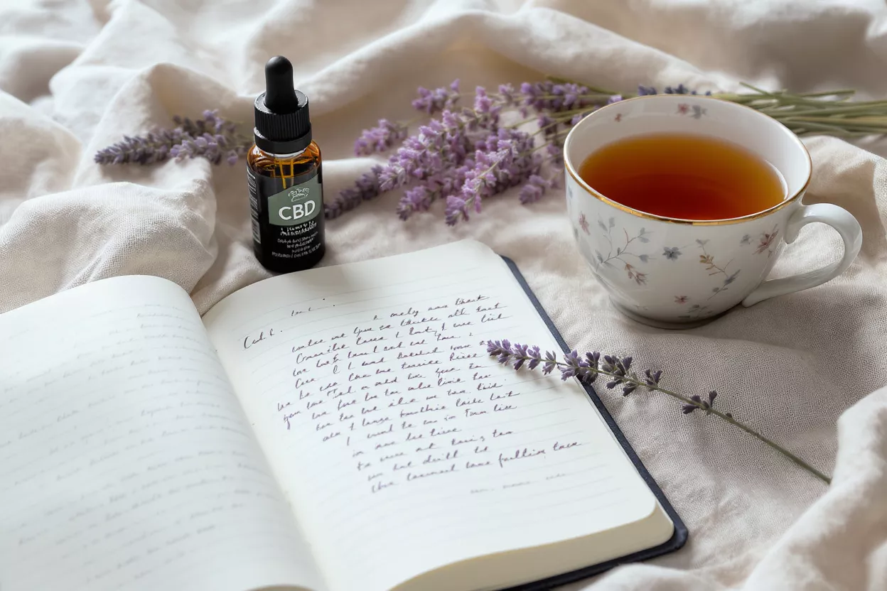 CBD Oil, Lavender, and Tea CBD oil, lavender, tea, and a journal on a light fabric surface.