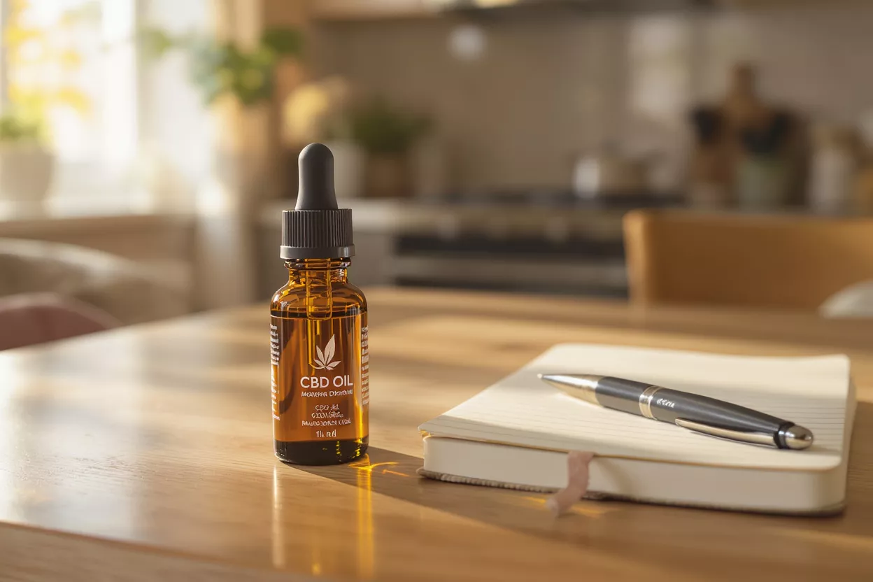 Amber CBD oil bottle with dropper, notebook, and pen on a wooden table.