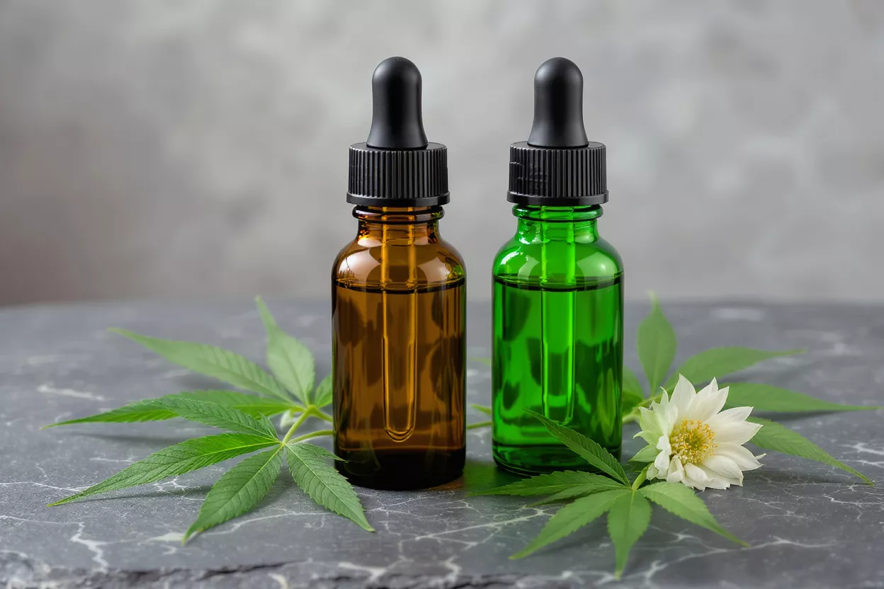 CBD Oil Bottles with Hemp Leaves Two dropper bottles, one amber and one green, with hemp leaves and a white flower.