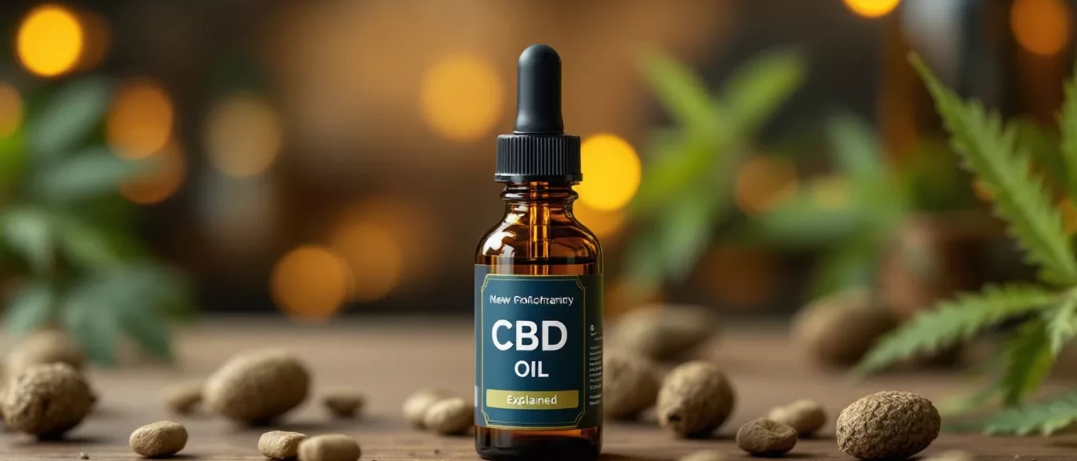 A bottle of CBD oil surrounded by natural elements