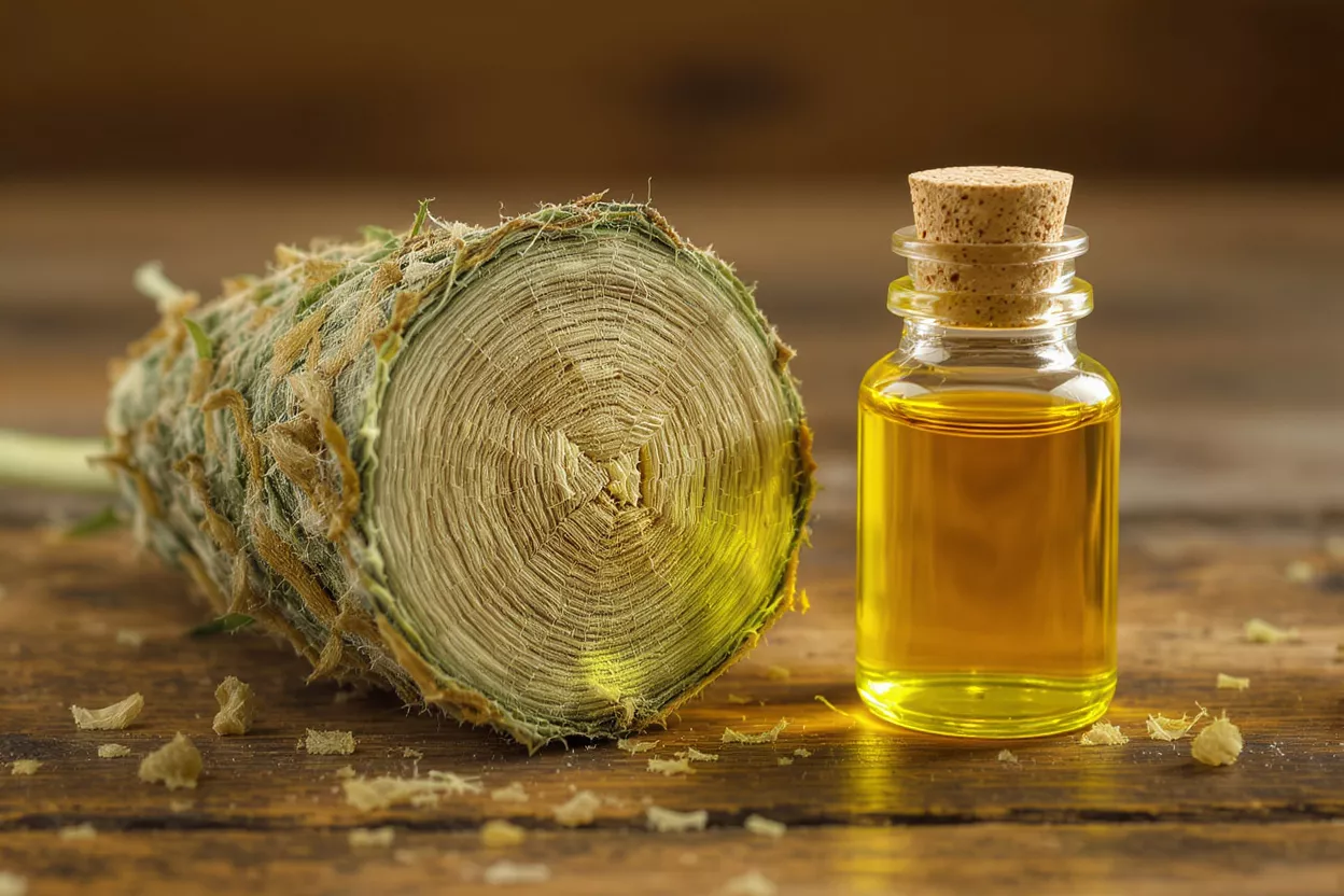 Agave extract oil in a small bottle next to a cut agave plant.