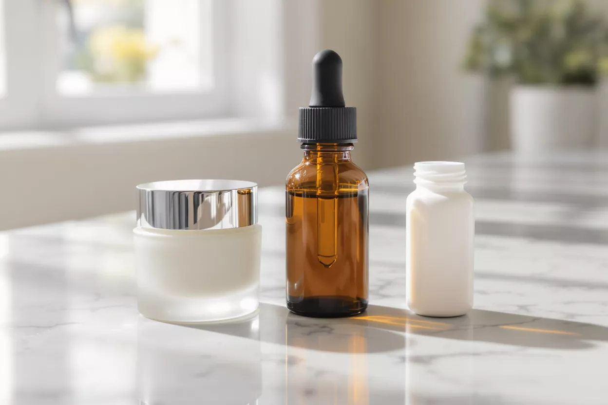 Three skincare products: cream jar, dropper bottle, and white bottle on marble.