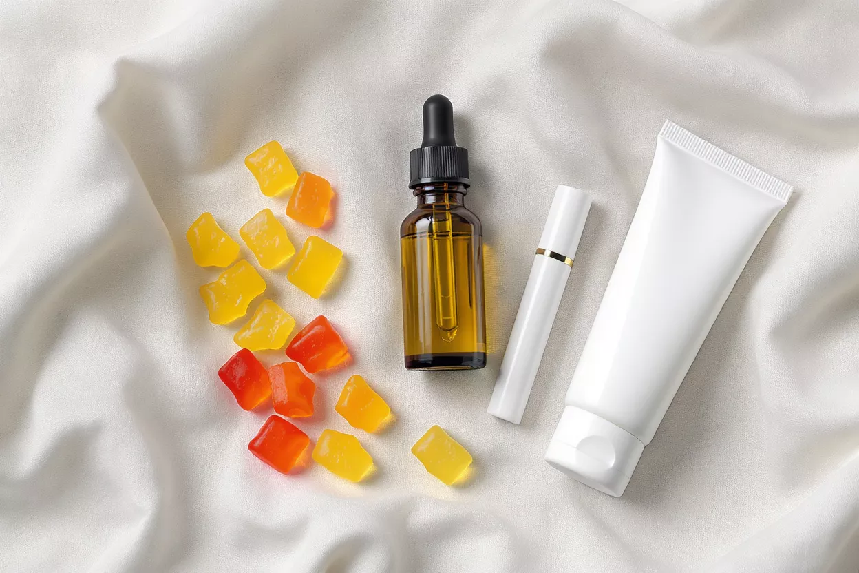 Colorful gummies, serum dropper bottle, and white cosmetic tubes on white fabric.
