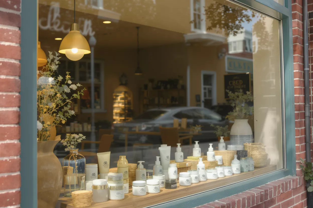 Storefront window displaying various beauty products, creams, and lotions in white bottles.