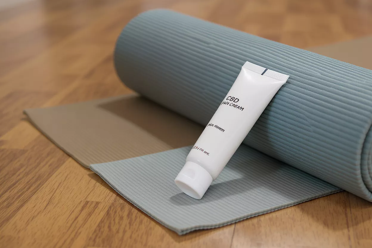 White tube of CBD pain cream on a light blue yoga mat.