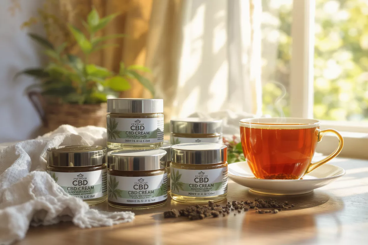 Several CBD cream jars next to a steaming cup of tea in warm sunlight.