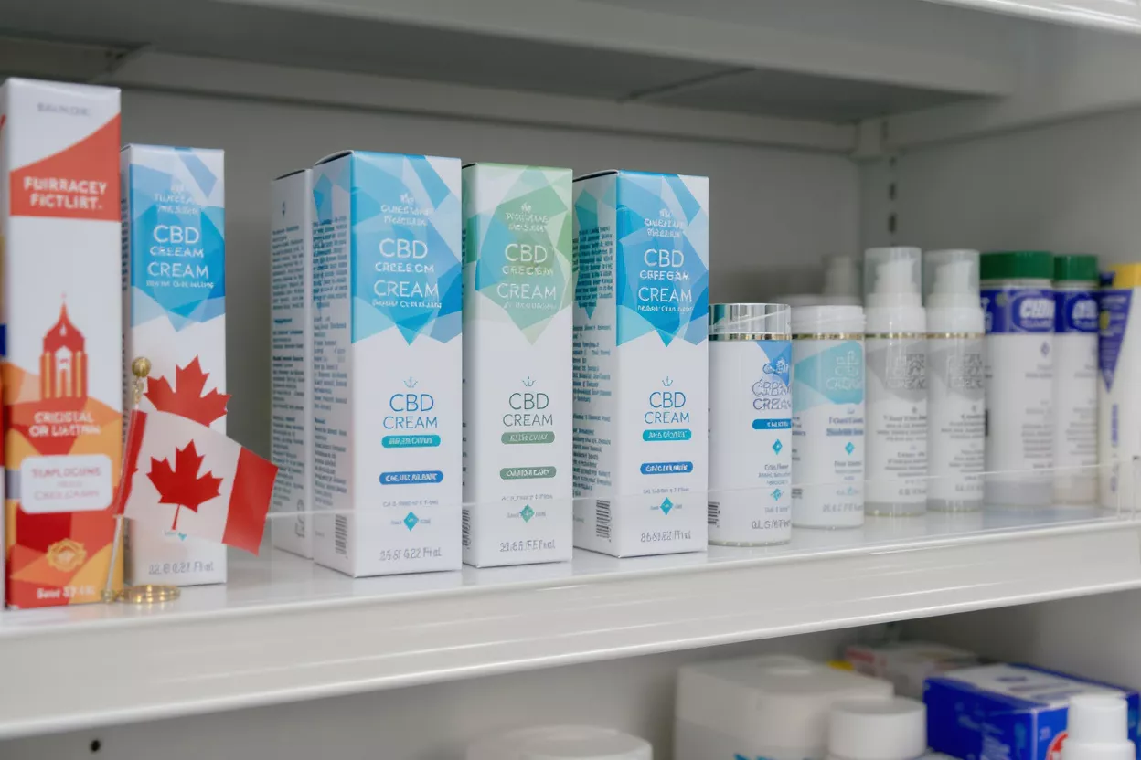 Various CBD cream boxes and bottles displayed neatly on a white retail shelf.