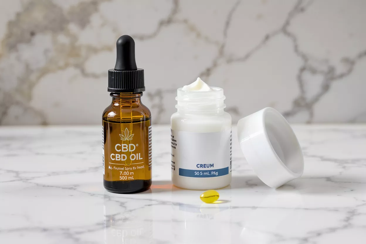CBD oil dropper bottle, cream jar, and yellow capsule on a marble surface.