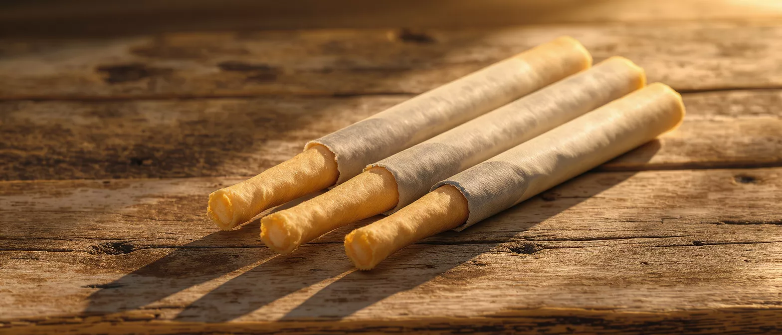 Three golden-brown cannoli wafers, partially wrapped, on a rustic wooden table.