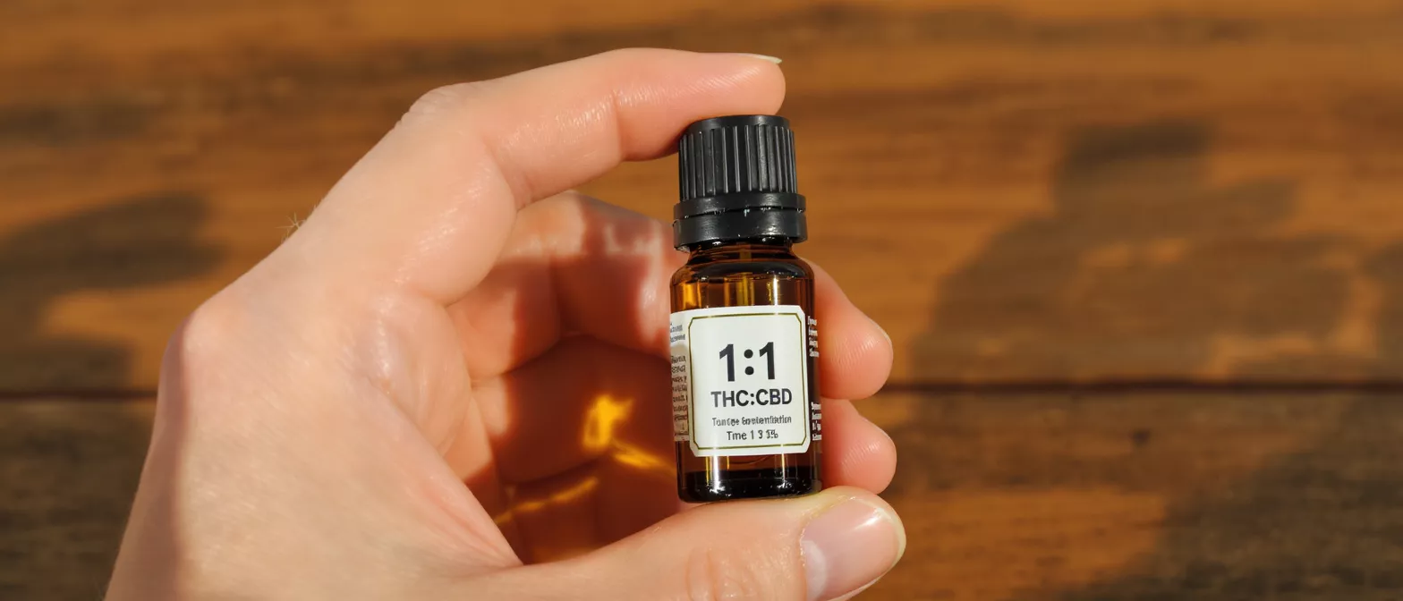 A hand holding a small amber glass bottle of 1:1 THC:CBD oil.
