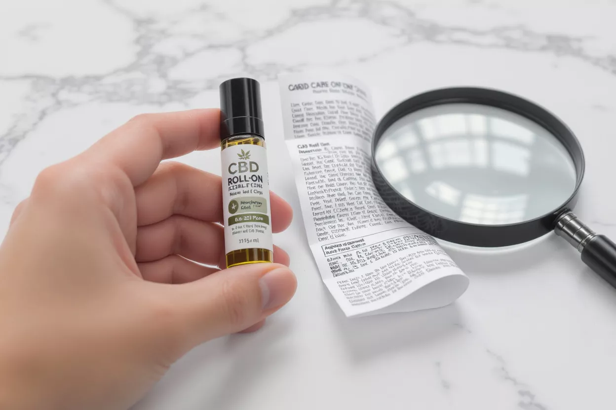 Hand holding CBD roll-on essential oil bottle