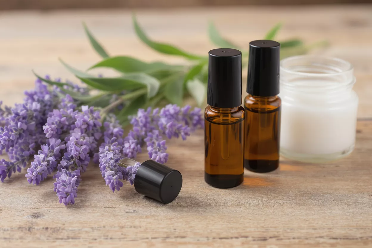 Lavender flowers with essential oil bottles and a candle