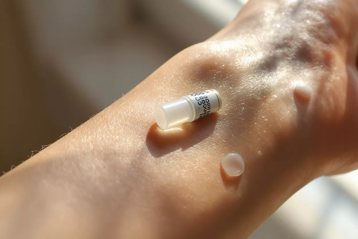 A hand with skincare product on the skin
