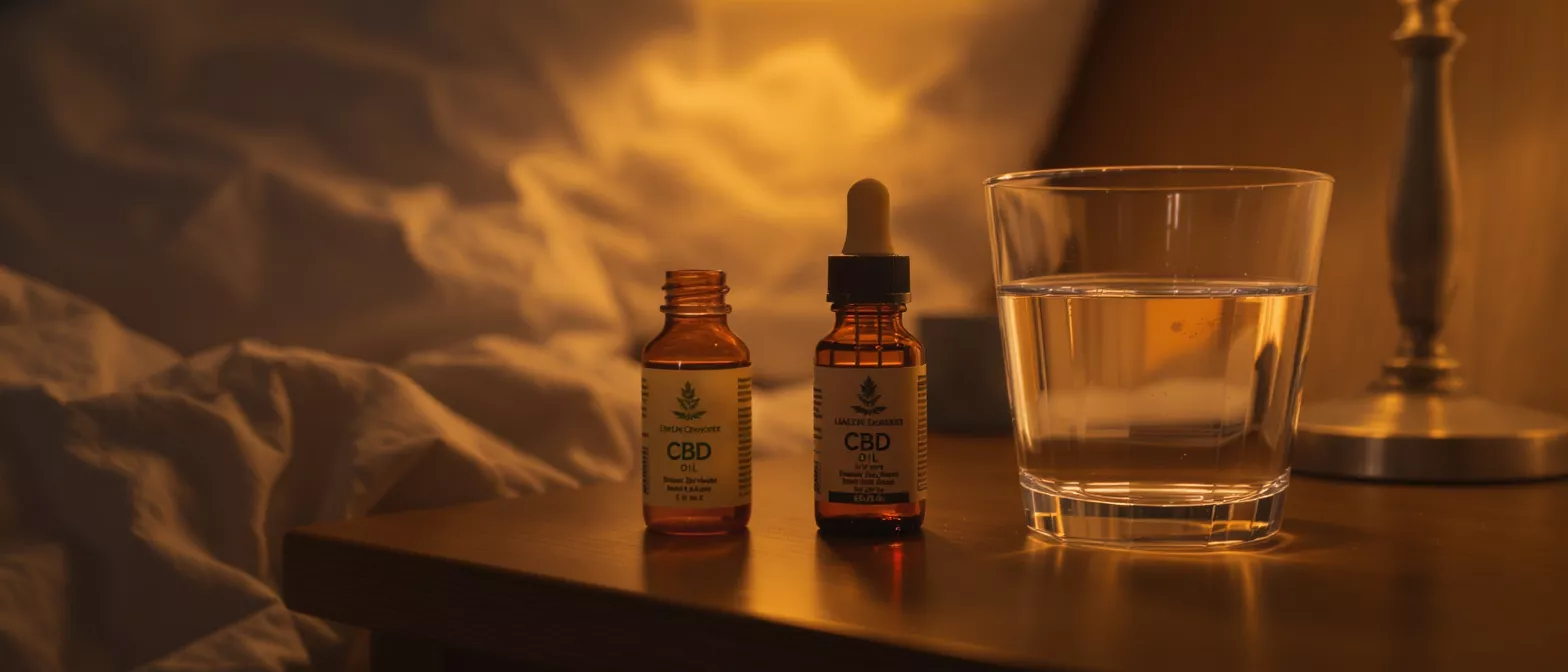 Two bottles of CBD oil and a glass of water on a bedside table.