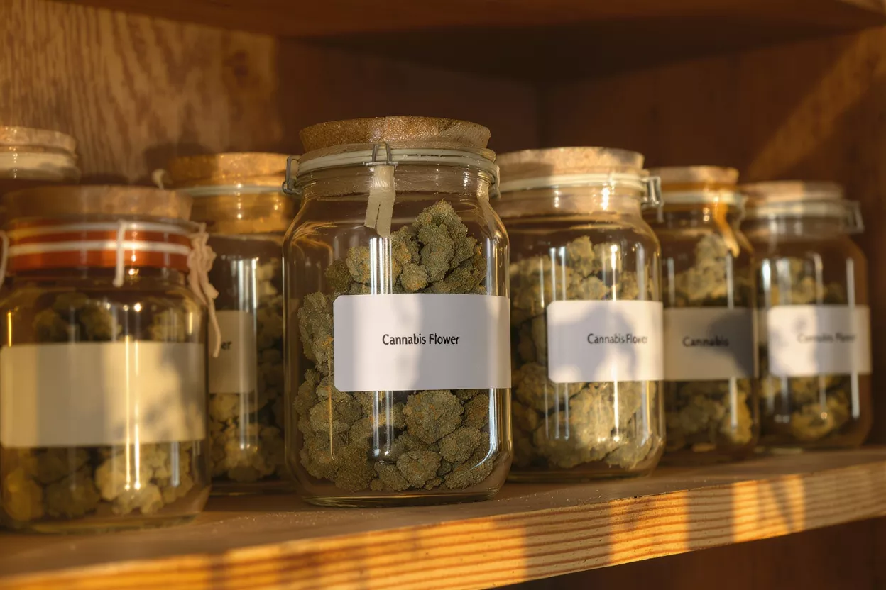 Plusieurs bocaux en verre remplis de boutons floraux de cannabis sur une étagère en bois.