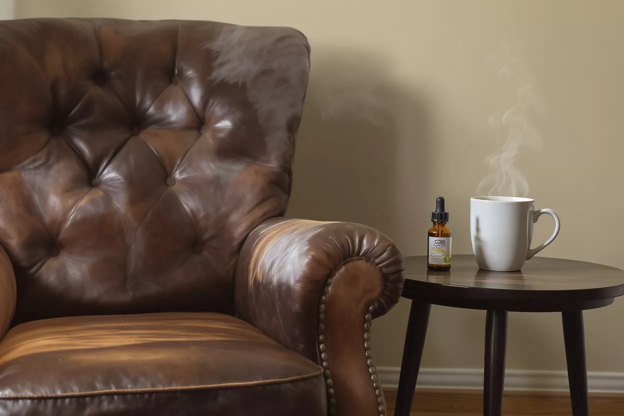 Flacon d'huile de CBD et tasse de café fumante sur une table à côté d'un fauteuil en cuir marron.