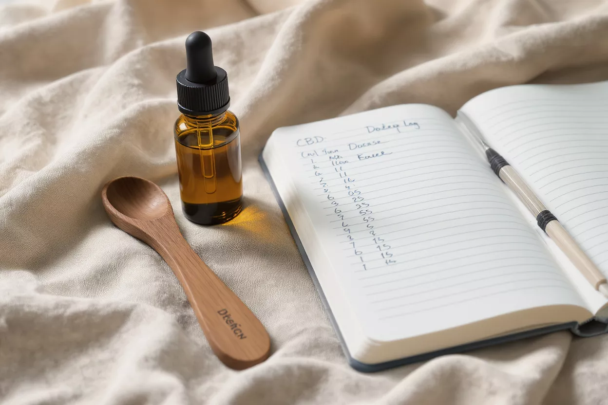 Flacon compte-gouttes d'huile de CBD, cuillère en bois et carnet de journal de dosage sur du lin.