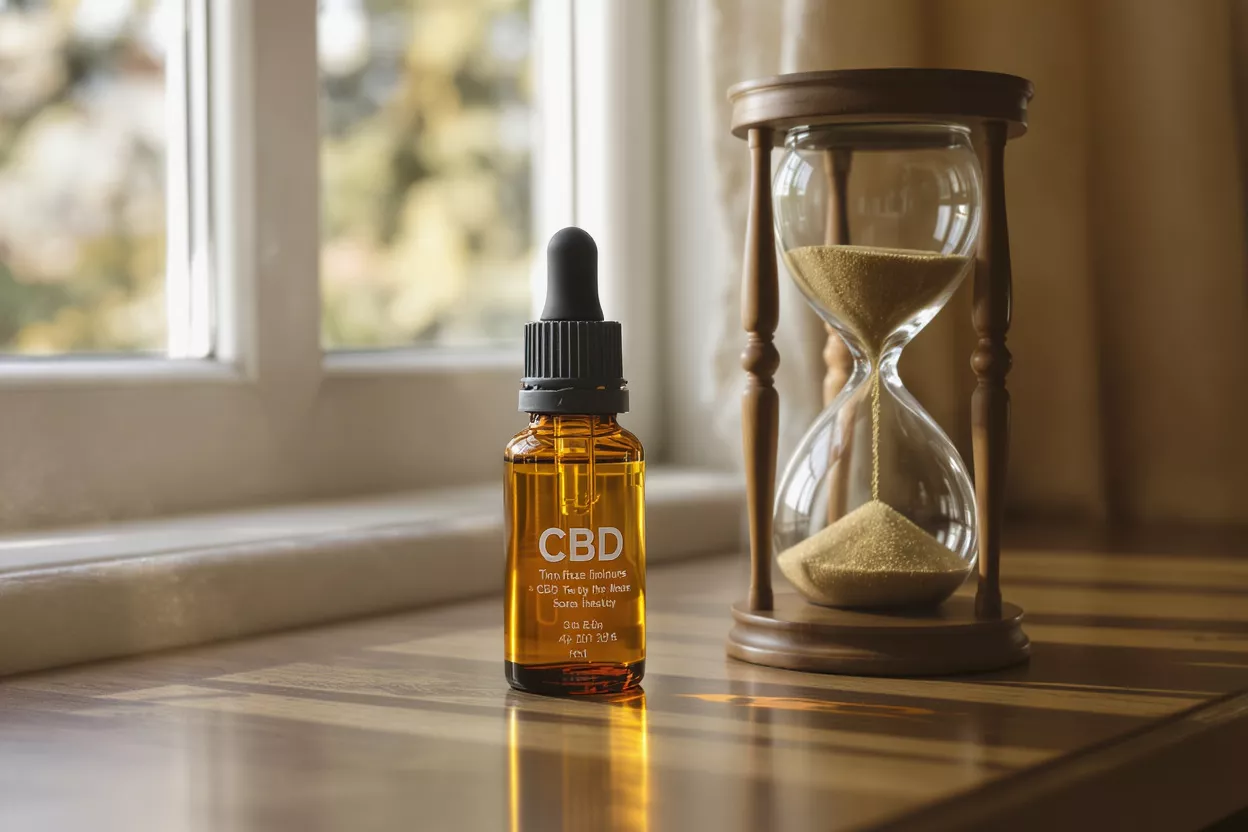 Botella de tintura de CBD y reloj de arena sobre una mesa de madera junto a una ventana iluminada por el sol.