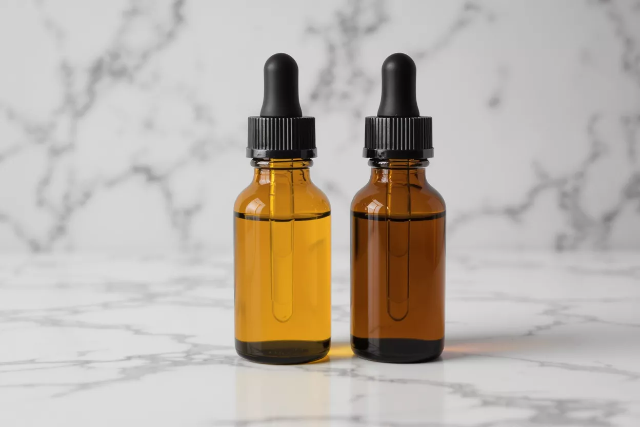 Two amber glass dropper bottles on a marble surface