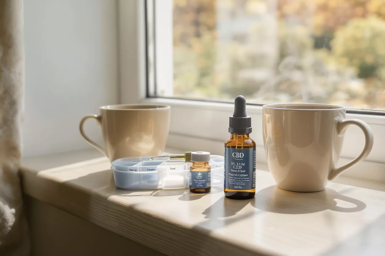 Bottles of CBD oil next to coffee cups on a windowsill