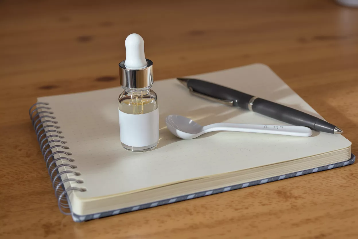 A glass dropper bottle beside a notebook and pen