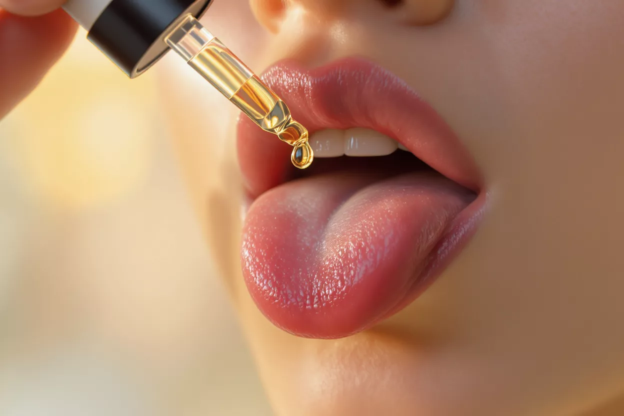 Close-up of lips with dropper applying oil