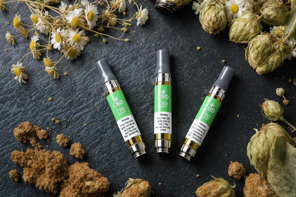 Three CBD vape cartridges surrounded by dried chamomile flowers, hops, and brown crumble.