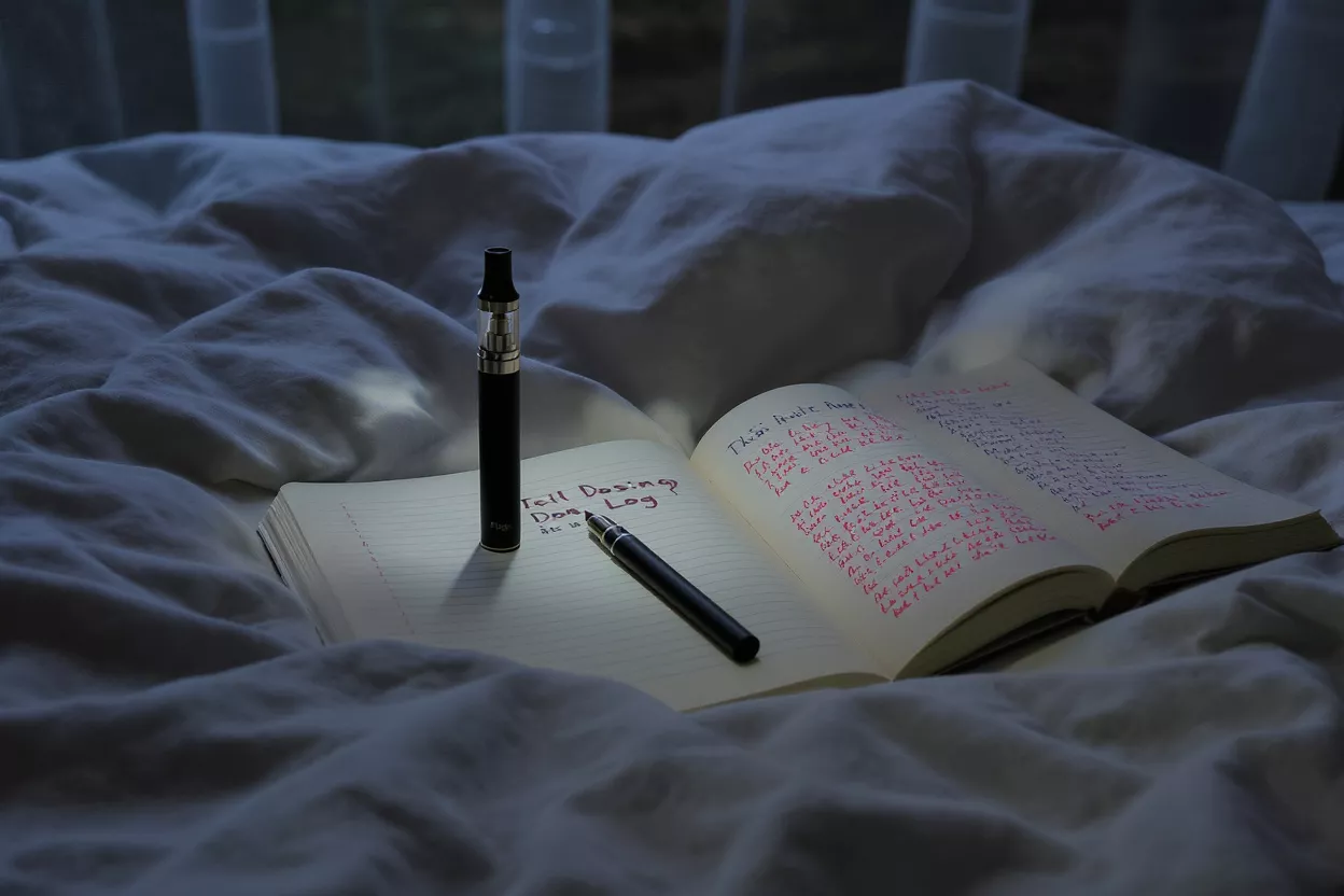A vape pen, pen, and open journal resting on white rumpled bed sheets.
